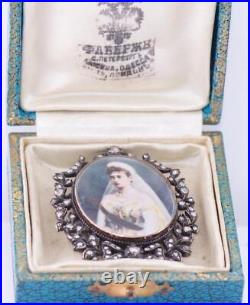 Imperial Russian Faberge Gold Enamel Diamond Brooch Pendant-Empress Alexandra