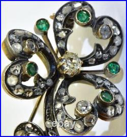 Imperial Russian Faberge Love Flower Brooch 14k Gold 1.5ct Diamond Emerald-c1890