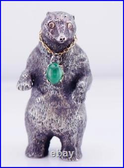 Imperial Russian Faberge Silver Bear Figurine with Gold Emerald Necklace c1880's