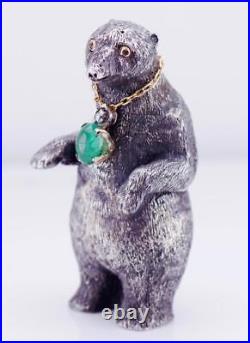 Imperial Russian Faberge Silver Bear Figurine with Gold Emerald Necklace c1880's