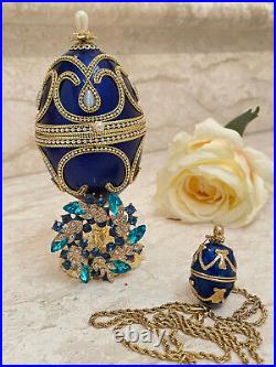 Imperial Russian Faberge egg Music 24k Gold Swarovski gem Sapphire blue Birthday