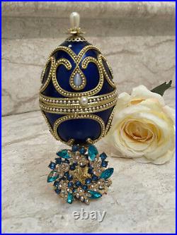 Imperial Russian Faberge egg Music 24k Gold Swarovski gem Sapphire blue Birthday