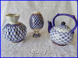 Imperial Russian Lomonosov Porcelain Cobalt 8oz Teapot, Egg with Stand & Vase