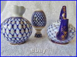 Imperial Russian Lomonosov Porcelain Cobalt 8oz Teapot, Egg with Stand & Vase