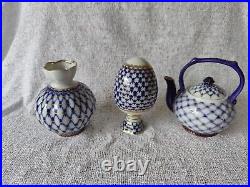 Imperial Russian Lomonosov Porcelain Cobalt 8oz Teapot, Egg with Stand & Vase