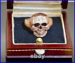 Imperial Russian Memento Mori Masonic Skull 14k pink gold, 1ct Diamonds mens ring