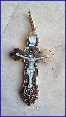Imperial Russian Orthodox Cross Crucifix Enamel Solid 56 / 14K Gold /3.2gr