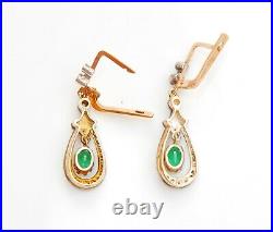 Imperial Soviet Russian Dangle Earrings Emeralds Diamonds 56 /14K Gold / 4.7gr