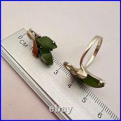 Imperial Sterling Silver 875 Gold 14K Set Ring Stud Earrings Nephrite Russia 11g