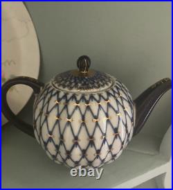 LOMONOSOV Russian Imperial Porcelain Teapot Cobalt Blue White & Gold