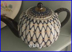 LOMONOSOV Russian Imperial Porcelain Teapot Cobalt Blue White & Gold