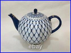 Large Lomonosov Imperial Russian Cobalt Net 22k Gold Porcelain Teapot, 7 1/4 H