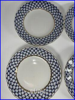 Lomonosov 7 Dessert/Bread Plates Imperial Russian Cobalt Blue & Gold Net, Set 6