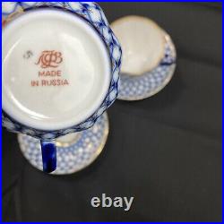 Lomonosov Imperial Porcelain Cobalt Net 4 Teacups and Saucers