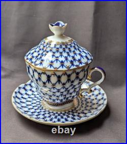 Lomonosov Imperial Porcelain Cup Saucer With Lid Net Pattern Blue and Gold
