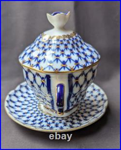 Lomonosov Imperial Porcelain Cup Saucer With Lid Net Pattern Blue and Gold