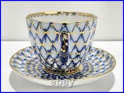 Lomonosov Imperial Russia Cobalt Blue & Gold Net Russian Teacup Saucer & Plate