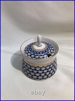Lomonosov Imperial Russian Porcelain Cobalt Net SUGAR Bowl Blue 22k Gold