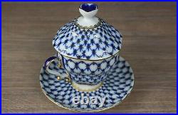 Lomonosov Imperial Russian porcelain covered cup & saucer blue net, gold trim