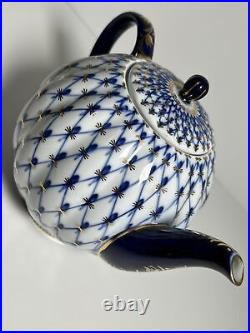 Lomonosov Russian Imperial Porcelain 22K Gold Cobalt Net Teapot 3 Cup 5.5