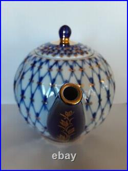Lomonosov Russian Imperial Porcelain 22K Gold Cobalt Net Teapot 3 Cup 5.5