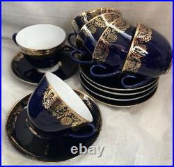 Lomonosov Russian Set Of 6 Tea Cups & Saucers Cobalt Blue Gold Filigree USSR