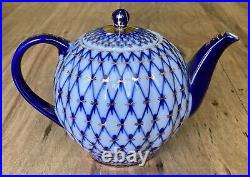 Lomonosov Small Teapot Cobalt Net Gold Russia Imperial Porcelain