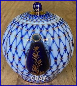 Lomonosov Small Teapot Cobalt Net Gold Russia Imperial Porcelain