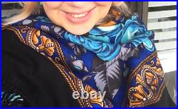 Luxury Russian Pavlovo Posad Shawl Floral Pattern Wool 57x57 1432-2 Royal bl