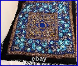 Luxury Russian Pavlovo Posad Shawl Floral Pattern Wool 57x57 1432-2 Royal bl