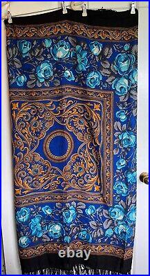 Luxury Russian Pavlovo Posad Shawl Floral Pattern Wool 57x57 1432-2 Royal bl