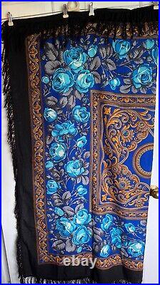 Luxury Russian Pavlovo Posad Shawl Floral Pattern Wool 57x57 1432-2 Royal bl