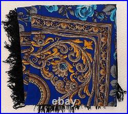 Luxury Russian Pavlovo Posad Shawl Floral Pattern Wool 57x57 1432-2 Royal bl