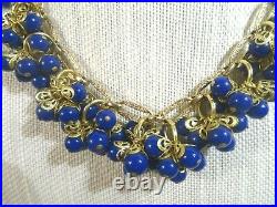 MIRIAM HASKELL Russian Gold Gilt Chain Bib Necklace with Royal Blue Bead Clusters