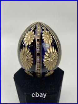 Modern Cobalt Blue Gold Cut Crystal Fabrege Imperial Glass Egg Russian Made