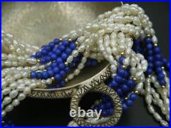 Necklace Lapis Lazuli & Fresh Water Pearls & 14K Gold beds 33 inches 9 Rows