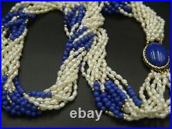 Necklace Lapis Lazuli & Fresh Water Pearls & 14K Gold beds 33 inches 9 Rows