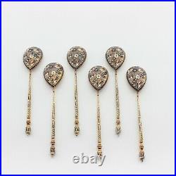 Old Russian Enameled, Gilded Silver Spoons, Antique Spoons, Set of 6