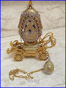 OneofAKind1989 Imperial Russian Faberge Egg 24k Gold decor Carriage + Solitaire