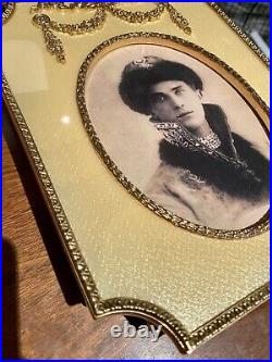Pair Vintage Faberge Photo Frame Russian Imperial Gold Guilloche Oval Yellow 5x7