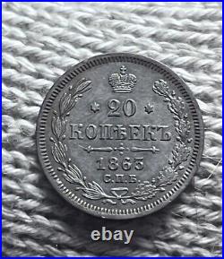 RARE CIVIL WAR ERA 1863 Silver 20 Kopeks AU Details