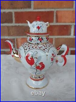 RARE Russian Imperial Lomonosov Porcelain Teapot Bright Folk Patterns Gold