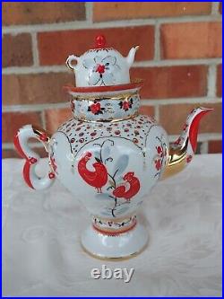 RARE Russian Imperial Lomonosov Porcelain Teapot Bright Folk Patterns Gold