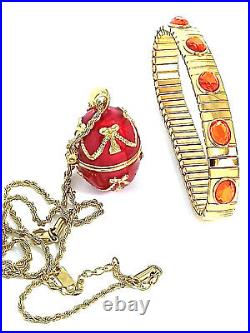 REd Faberge egg pendant SET Faberge necklace & GOLD bracelet Handmade Enamel egg
