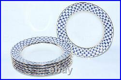 RUSSIAN Imperial Lomonosov Porcelain Set 6 Deep Plates Cobalt Net Soup 22k Gold