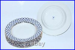 RUSSIAN Imperial Lomonosov Porcelain Set 6 Deep Plates Cobalt Net Soup 22k Gold
