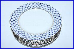 RUSSIAN Imperial Lomonosov Porcelain Set 6 Dessert Plates Cobalt Net Gold 9.45