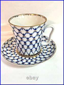 RUSSIAN LOMONOSOV IMPERIAL Mug / Cup and Saucer BLUE GOLD China (A)