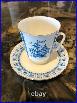 Rare Imperial Russian Porcelain Lomonosov Teacup Saucer Ships Nautical Blue Gold