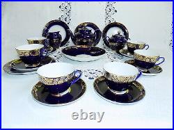 Rare Russian Imperial Lomonosov Cobalt Blue / Gold 22 Piece Tea Set